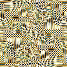 Abstract geometric surrealistic seamless pattern in golden tones.