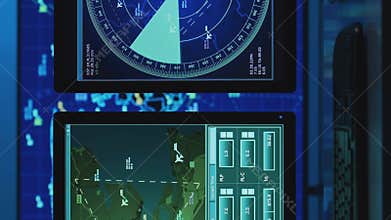 Workplace of the air traffic controllers in the control tower. Team of professional aircraft control officers works