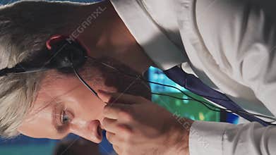 Workplace of the air traffic controllers in the control tower. Team of professional aircraft control officers works