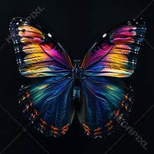 AI generated illustration of a vibrant rainbow butterfly with colorful markings on black background