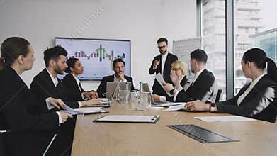 Group meeting of businessman people in office. Company meeting for brainstorm in big office. Ceo listenin employees for