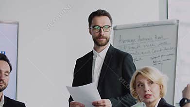 Group meeting of businessman people in office. Company meeting for brainstorm in big office. CEO listening employees for