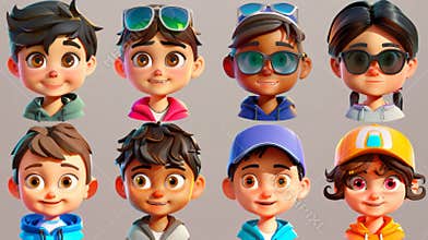 A collection of diverse kindergarten heads, happy student team portrait clipart. Kid avatar set, child face icon, modern