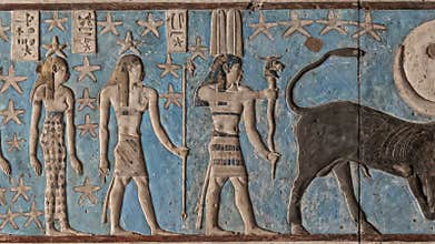 Ancient Egyptian hieroglyphs and bas-reliefs close-up in Dendera temple or Temple of Hathor. Egypt. Dendera Temple