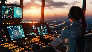 Photo of a skilled female air traffic controller managing flights in a control tower.