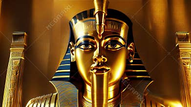 The beautiful Egyptian goddess-pharaoh Tutankhamun sits on a golden throne in the temple of Thebes