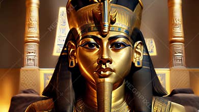 The beautiful Egyptian goddess-pharaoh Tutankhamun sits on a golden throne in the temple of Thebes