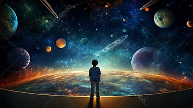 Youngster amazed in a planetarium, exploring galaxies