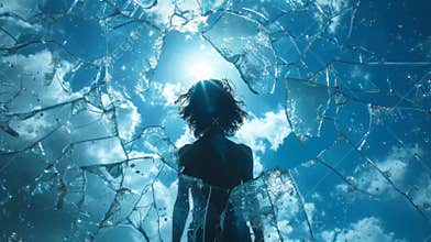 The silhouette of a person reflected in shattered pieces of a mirror representing the fragmentation of self merging into