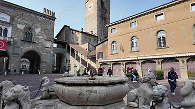 Bergamo, Italy. The Old town. Landscape at the clock tower and the fountain