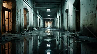 A dark passageway illuminated by subtle light where a small pool of water accumulates on the ground, A haunting image of an