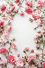 Frame, border, close up of pink flowers with a white background. The flowers are arranged in a circle, with some