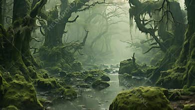 A serene stream flows effortlessly through a vibrant and lush green forest, A misty, serene swamp dotted with gnarled trees and