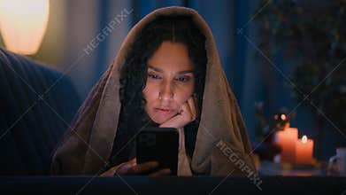 Mobile phone addiction smartphone addict Arabian woman Hispanic sleepy tired girl suffering insomnia sleep disorder