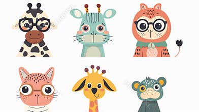 A set of cutest animal characters with funny faces. Sassy cool head portraits set, with giraffe, frog, cat, dog, monkey