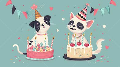 Animals with birthday cake. Cool fashion pets with holiday dessert. Funky comic cat and dog celebrating. Party