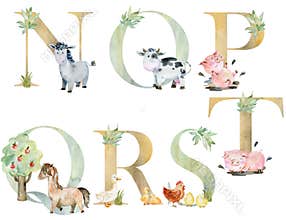 Watercolor farm animals letters.
