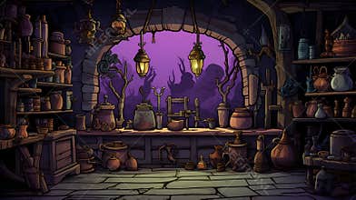 Witch or wizard alchemical laboratory with magic books and potions with mystic glow at night. Alchemist lab interior