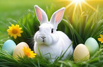 Rabbit bunny hare with Easter eggs in green grass. White little Easter bunny animal outdoor in spring yellow flowers meadow, sun