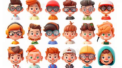 Kid avatar set includes 3D school teen boy girl cartoon character, modern young child face icon, happy student team