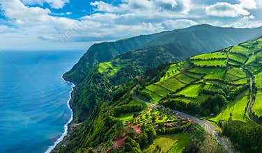 Landscape with Miradouro da Ponta do Sossego Nordeste, Sao Miguel island, Azores, Portugal