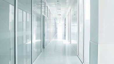 Generative AI Empty corridor hallway of modern white office building room with glass entrance door business blur b