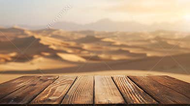 Generative AI The empty wooden brown table top with blur background of desert dune mountain Exuberant image busine