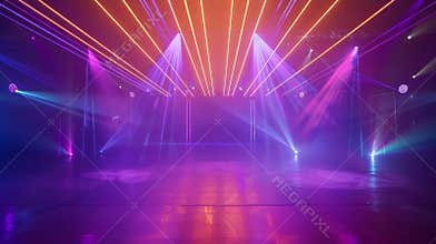 Generative AI blurred rays of light on disco floor orange violet blue neon searchlight lights laser lines and ligh