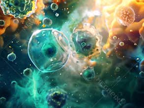 Cellular molecular processes with various cell types in motion. Colorful abstract background
