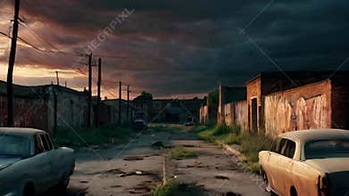 Abandoned vintage cars in a desolate urban street at dusk. Deserted city street. Dark, ominous clouds overhead, setting