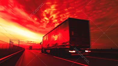 Generative AI Blurring A large truck is driving along the highway at high speed Sky with bright red clouds Deliver