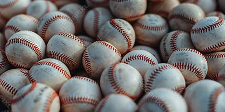 Bunch of dirty baseballs in pile. Close-up. Background, wallpaper. Top view. Baseball balls