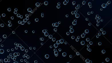 Transparent bubbles stream with light blue reflections in mid-air or underwater atmosphere