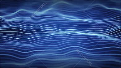 Seamless loop screensaver with striped wave field made of shiny dots and smooth lines with blue glow effect