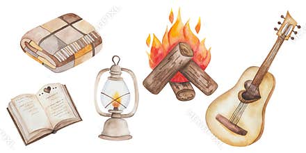 Watercolor illustration hand painted betty oil lantern, book, guitar, fire on logs, checked plaid blanket isolated on white.