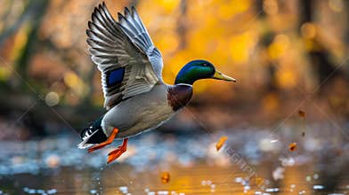 Mallard duck flying over pond in autumn