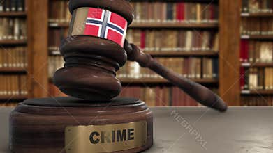 Norway Flag on Judge Gavel or Hammer in Court with Word Crime. Crime in Country Concept