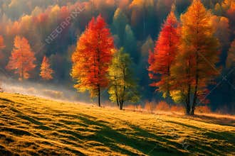 Trees on a sunny autumn sunset or sunrise forest.