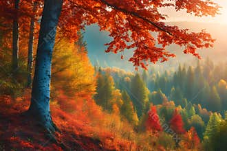 Trees on a sunny autumn sunset or sunrise forest.