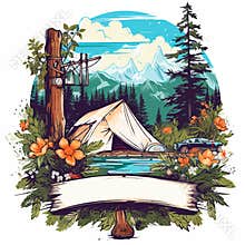 Stylish summer camping in a tent in nature. Summer retro graphic print design