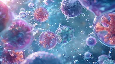 Dramatic image of multiple B and T lymphocytes releasing antibodies and off cells during activation