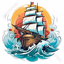 Vintage nautical sailboat sailing on rough seas