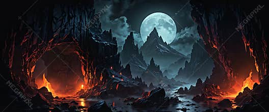 Fiery Cave Landscape under Full Moon