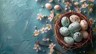 Birds Nest, Eggs, and Daisies on Blue Background