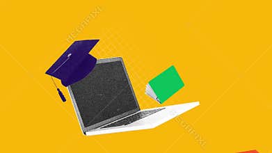 Laptop with graduation cap and books falling down. Stop motion, animation. Get qualifications through flexible and