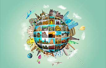 2D animation about world religious and architecture monuments - collage or globe from different religions from Asia and