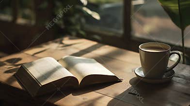 Open book and cup of coffee on wooden table by window. Soft sunlight creates a cozy and tranquil atmosphere