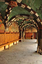 Issogne castle main entrance arcade and frescoes