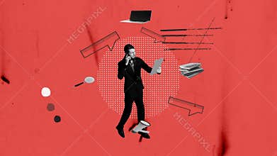 Stop motion, animation. Conceptual design. Businessman working on many professional tasks, developing company successful