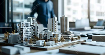 real estate development. architect working on new modern apartment buildings project in office. residential complex scale model on